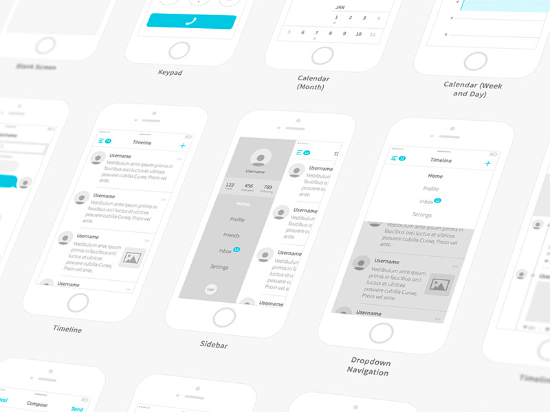Example of an app's screens created by a UX designer. Credit: Kitchenware Pro Wireframe Kit by Neway Lau on Dribbble. https://dribbble.com/shots/1356038-Kitchenware-Pro-Wireframe-Kit